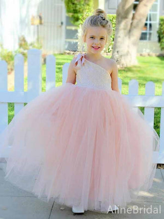 Elegant One-Shoulder Light Pink A-line Long Tulle Flower Girl Dress, FGS186