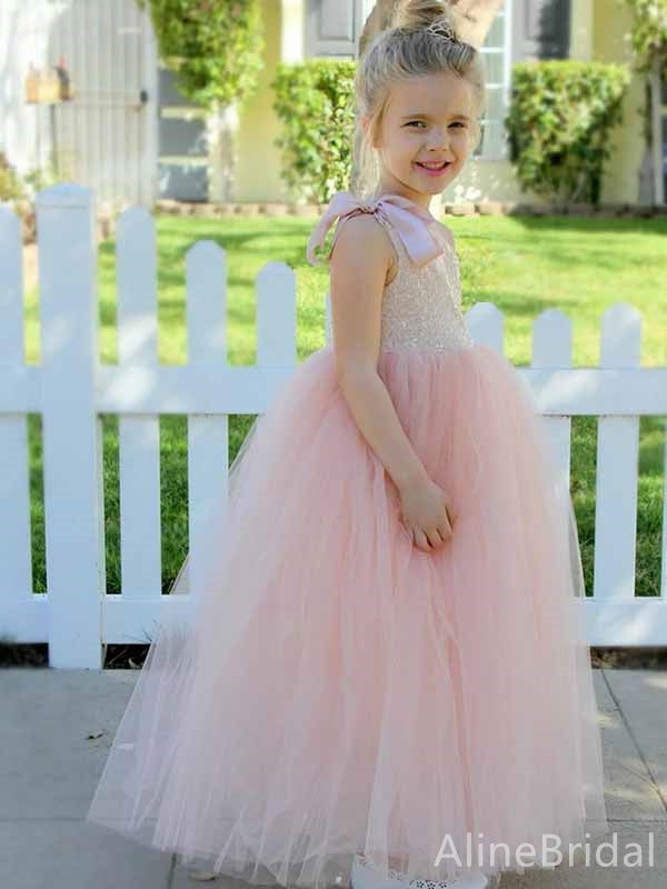 Elegant One Shoulder Light Pink A-line Long Flower Girl Dresses, FGS186