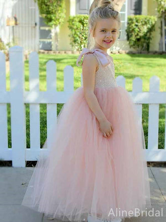 Elegant One-Shoulder Light Pink A-line Long Tulle Flower Girl Dress, FGS186