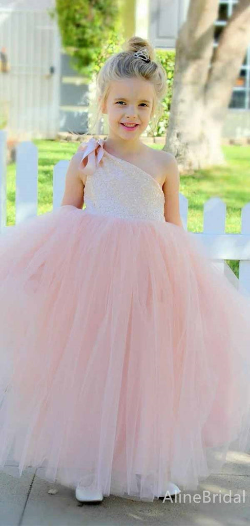 Elegant One Shoulder Light Pink A-line Long Flower Girl Dresses, FGS186