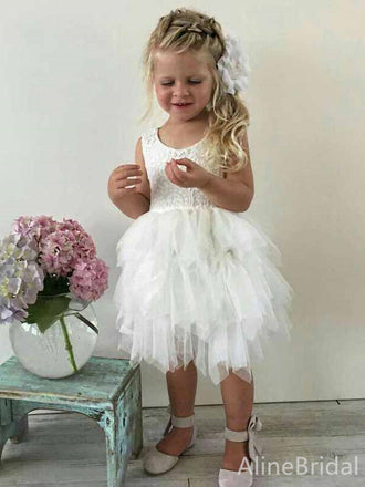 Simple White Lace A-line Long Tiered Tulle Flower Girl Dress, FGS187