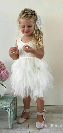 Simple White Lace A-line Long Tiered Tulle Flower Girl Dress, FGS187