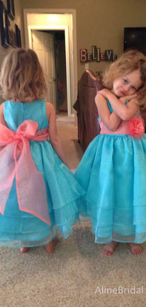 Elegant Blue A-line Long Tulle Flower Girl Dress with Bow, FGS190