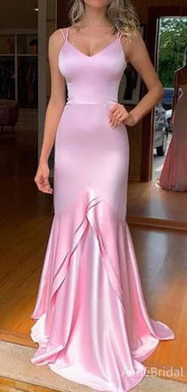 Elegant Pink V-neck Spaghetti Strap Long Prom Dress, Evening Dress, PD381946