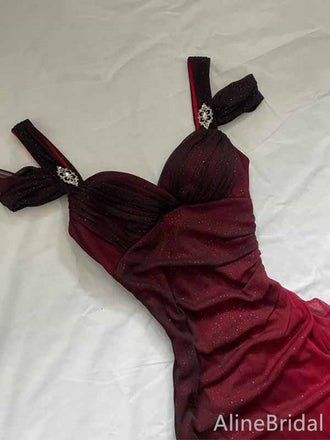 Elegant Burgundy V-neck Straps A-line Long Tulle Prom Dress, PD381948