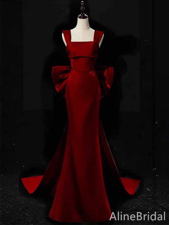 Stunning  Red Square Straps Long Mermaid Prom Dress with Bow Detailing, PD381956
