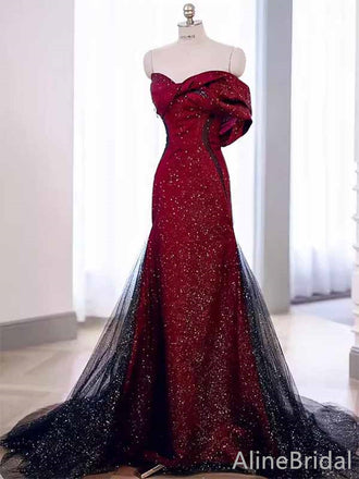 Gorgeous Burgundy Strapless Long Mermaid Black Tulle Prom Ball Gown with Striking Bow, PD381965