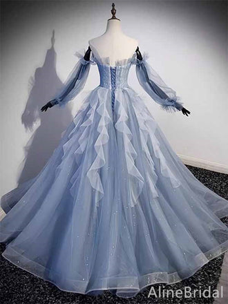 Gorgeous Blue Strapless A-line Long Prom Ball Gown with Long Mesh Sleeve, PD381966