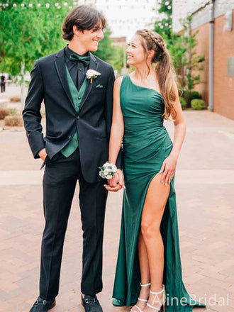 Elegant Green One-Shoulder Side-Slit Long Mermaid Prom Dress, Evening Dress, PD381975