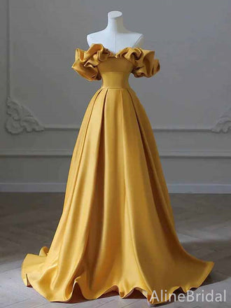 Gorgeous Yellow V-neck Ruffles Strapless A-line Long Ball Gown, Evening Gown, PD381976