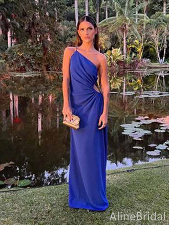 Elegant Blue One-Shoulder Spaghetti Strap Mermaid Long Prom Dress with Cut-Out,PD381977