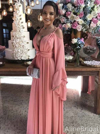 Sexy Pink V-neck Spaghetti Strap Long Sleeves A-line Long Prom Dress, Evening Dress, PD381981