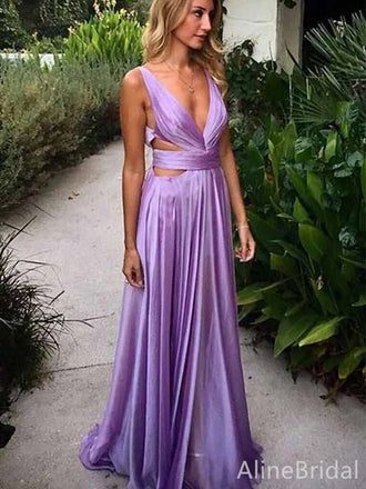 Sexy Purple V-neck Backless A-line Long Prom Dress, Fall Evening Gown, PD381982