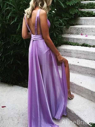 Sexy Purple V-neck Backless A-line Long Prom Dress, Fall Evening Gown, PD381982