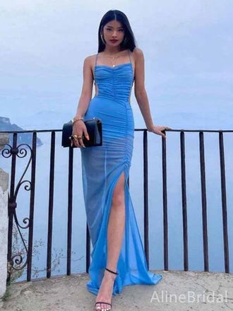 Sexy Blue Side Cut-Out Mermaid Long Tulle Prom Dress with Side-Slit, PD381999