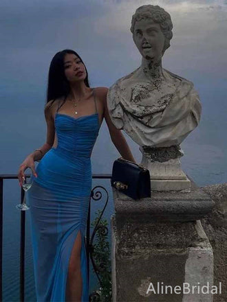 Sexy Blue Side Cut-Out Mermaid Long Tulle Prom Dress with Side-Slit, PD381999