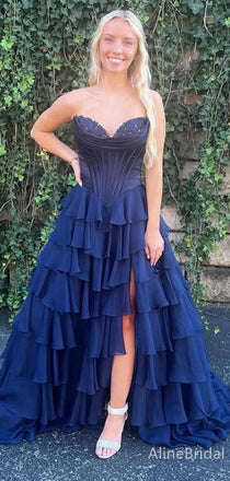Gorgeous Navy Blue V-neck Strapless Corset A-line Long Tiered Prom Dress with Slit, PD382010