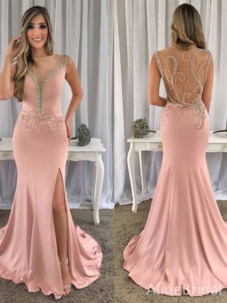 Gorgeous Pink V-neck Illusion Lace Beadings Split Side Mermaid Long Prom Dress,PD382013