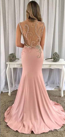 Gorgeous Pink V-neck Illusion Lace Beadings Split Side Mermaid Long Prom Dress,PD382013