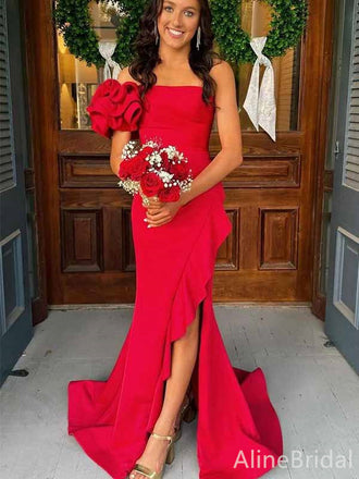 Floral Red Off-Shoulder Strapless Ruffles Mermaid Long Prom Dress with Slit, PD382021