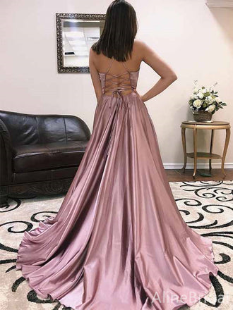 Gorgeous Mauve V-neck Spaghetti Strap A-line Long Prom Dress with Slit, PD382025