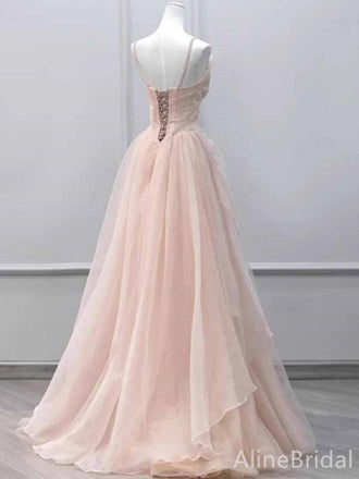 Pastel V-neck Spaghetti Strap Pleated A-line Long Tulle Prom Dress, PD382041