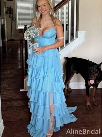 Elegant V-neck Blue Spaghetti Strap A-line Tiered Long Prom Dress with Slit, PD382051