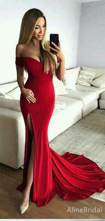 Sexy V-neck Off-Shoulder Red Strapless Mermaid Long Prom Dress with Slit, PD382056