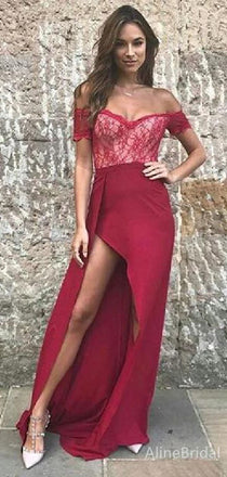 Gorgeous Red V-neck  Off-Shoulder Lace Mermaid Long Prom Dress with Side Slit, PD382057