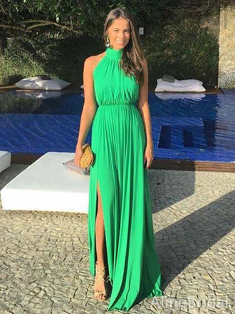Simple Green Split Side A-line Long Prom Dress, Halter Evening Dress, PD382068
