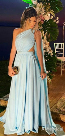 Elegant Chiffon Light Blue One-Shoulder A-line Long Prom Dress, Evening Dress, PD382073