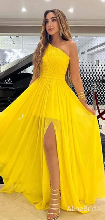 Elegant Yellow One-Shoulder A-line Long Prom Dress with Side Slit, Evening Dress, PD382075