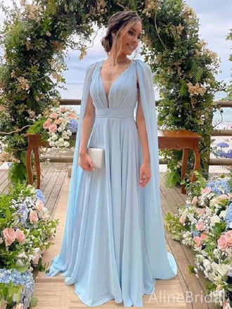 Elegant Light Blue V-neck Chiffon A-line Long Prom Dress with Cape, Evening Dress, PD382076
