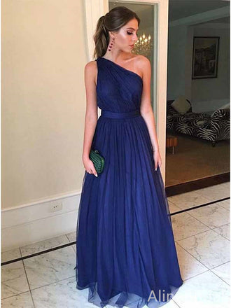 Elegant Navy Blue One-Shoulder Backless A-line Long Prom Dress, Evening Dress, PD382078