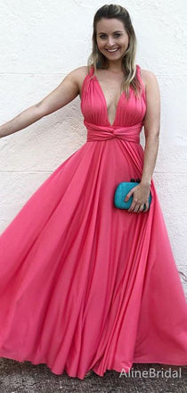 Elegant Pink V-neck Spaghetti Strap A-line Long Prom Dress, Evening Dress, PD382097