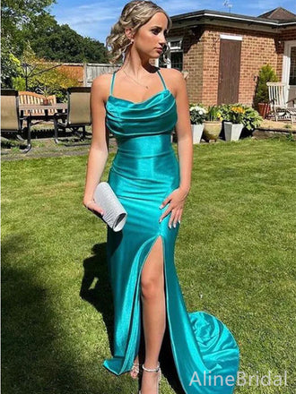 Elegant Teal Spaghetti Strap Cowl Neck Long Mermaid Prom Dress with Side Slit, Evening Dress, PD382103
