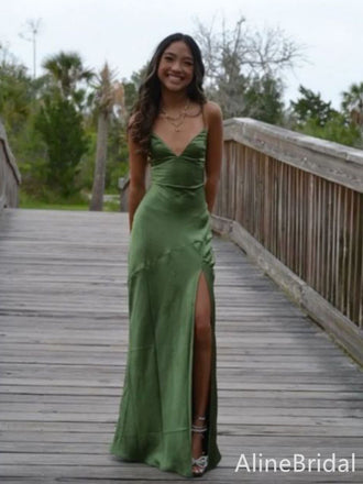 Simple Olive Green Backless Long Prom Dress with Slit, Evening Dress, PD382119