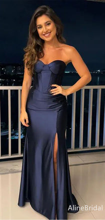 Elegant Navy Blue Sweetheart Strapless Corset Long Mermaid Evening Dress with Slit, Prom Dress, PD382122
