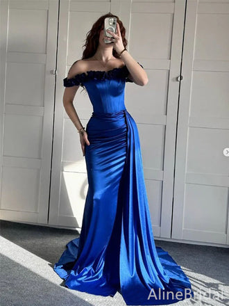 Elegant Navy-Blue Off-Shoulder Lace-up Mermaid Prom Dress with Trailing, Evening Dress, PD382133