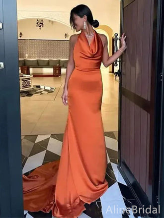 Elegant Burnt Orange Halter Backless Mermaid Long Prom Dress, Evening Dress, PD382134