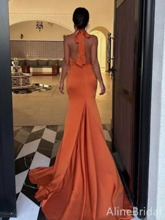 Elegant Burnt Orange Halter Backless Mermaid Long Prom Dress, Evening Dress, PD382134