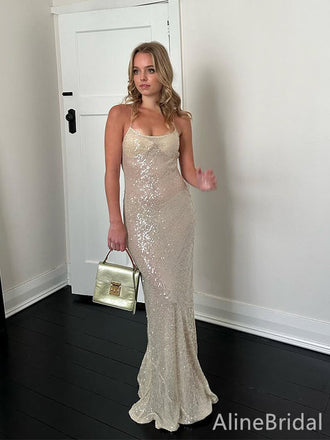 Sparkly Champagne Sequins Spaghetti Strap  Long Mermaid Prom Dress, Evening Dress, PD382154