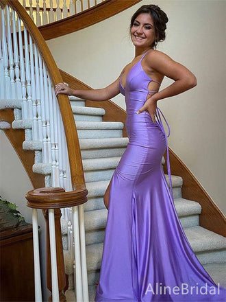 Elegant V-neck Purple Spaghetti Strap Side Slit Mermaid Long Prom Dress,Evening Dress,PD382169