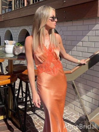 Elegant Orange V-neck Long Mermaid Prom Dress, Evening Dress, PD382173