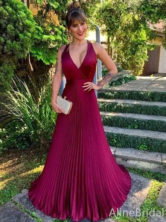 Elegant Burgundy Halter V-neck A-line Long Prom Dress, Evening Dress, PD382194