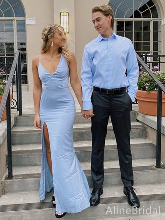 Elegant V-neck Light Blue Spaghetti Strap Mermaid Split Side Long Prom Dress,Evening Dress,PD382202