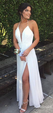 Gorgeous White Halter Spaghetti Strap A-line Split Side Long Prom Dress, Evening Dress, PD382203
