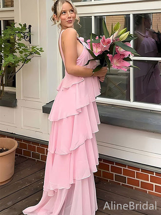 Elegant Pink Halter A-line Long Tiered Prom Dress, Evening Dress, PD382206