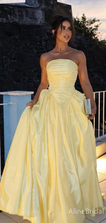 Gorgeous Yellow Strapless Pleated A-line Long Prom Dress, Evening Gown, PD382211