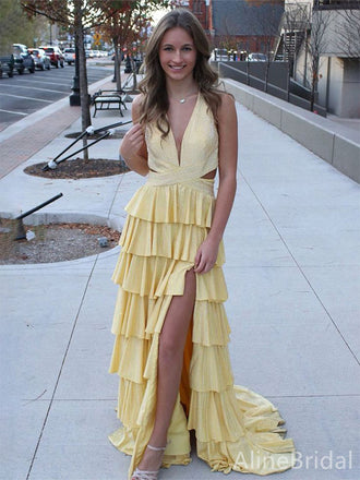 Elegant Yellow V-neck A-line Ruffles Tiered Prom Dress with Side Slit, Evening Dress, PD382223